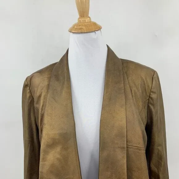 Cache Jacket Womens 0 Metallic Gold Open Front Waterfall Shoulder Pad Cropped - Picture 6 of 12